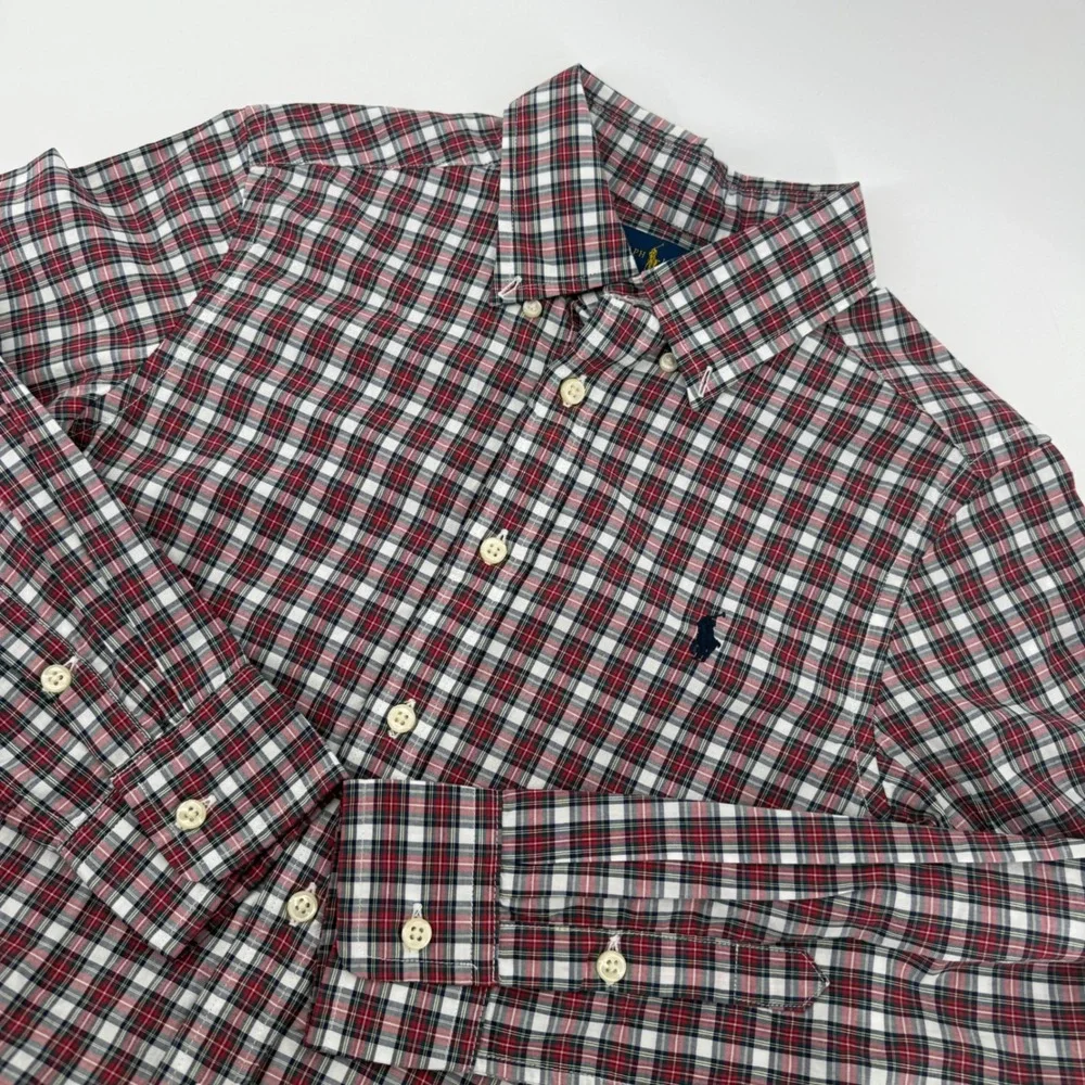 Ralph Lauren‎ Mens Boys 10-12 Plaid Button Down Shirt Red White Blue Long Sleeve